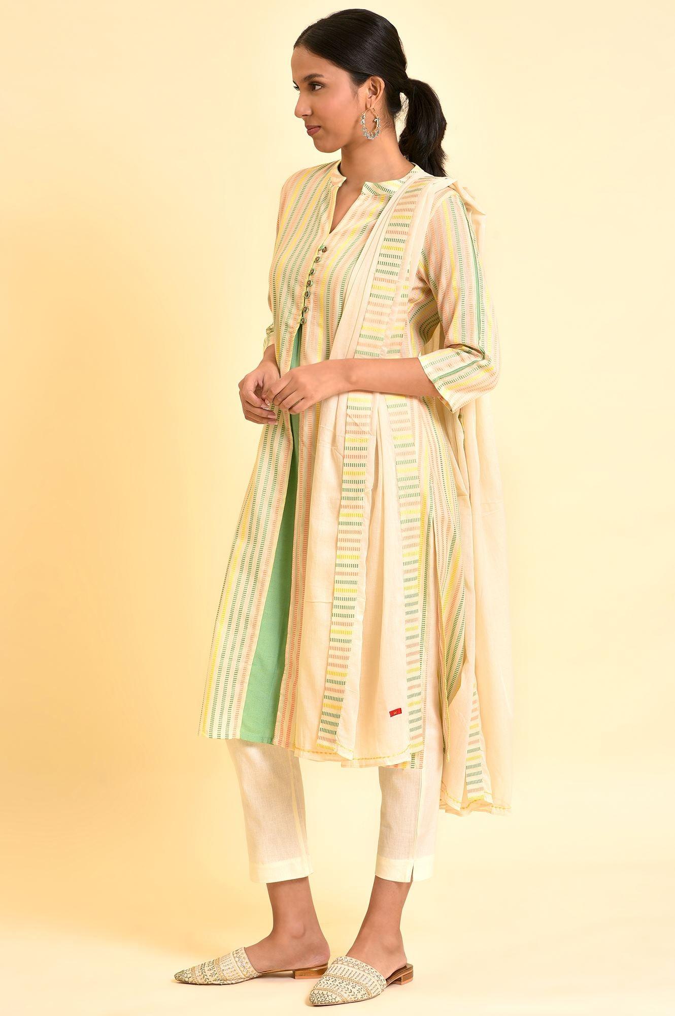 Ecru Dobby Printed Kurta, Pants And Dupatta Set - wforwoman