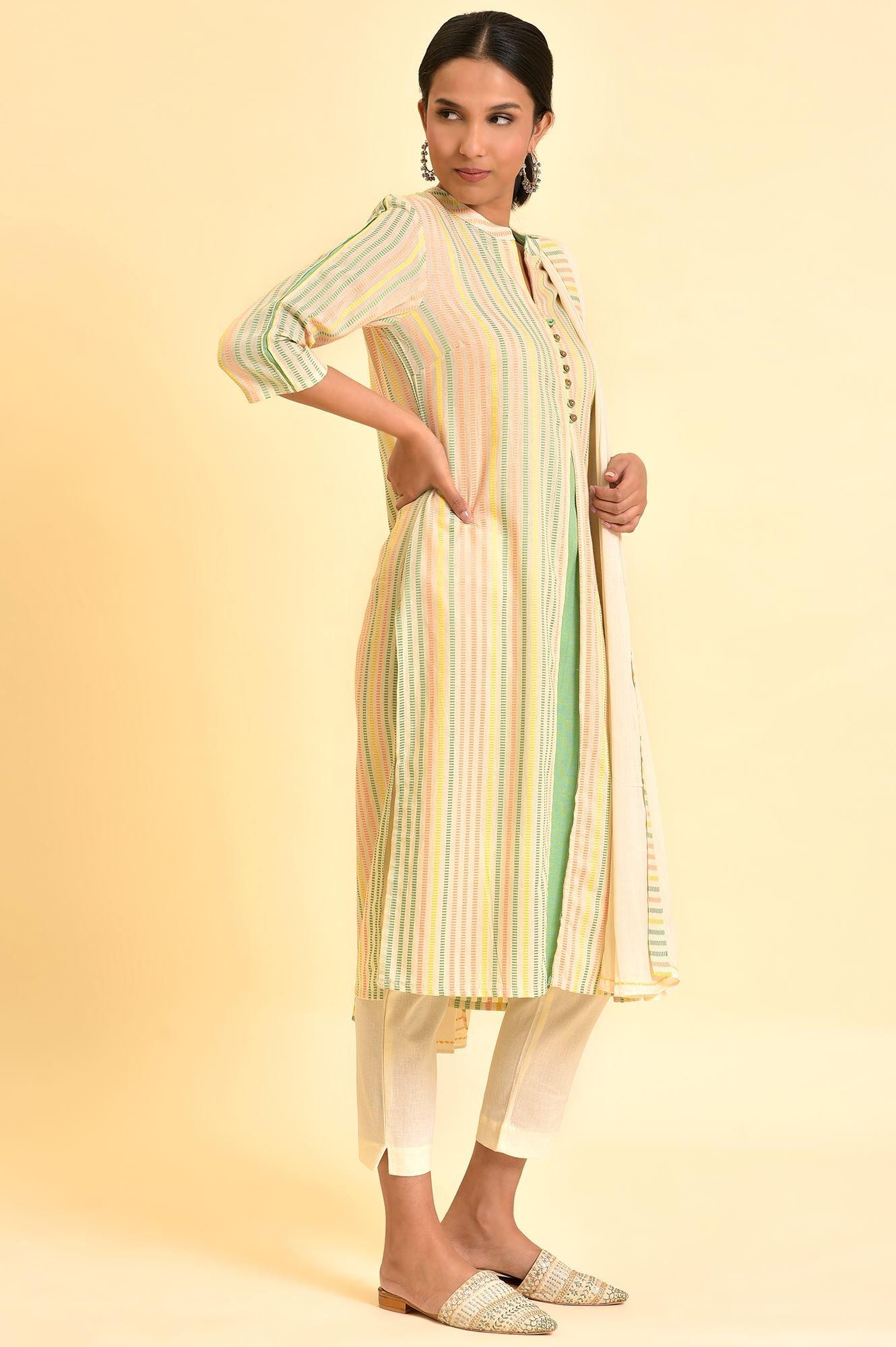 Ecru Dobby Printed Kurta, Pants And Dupatta Set - wforwoman