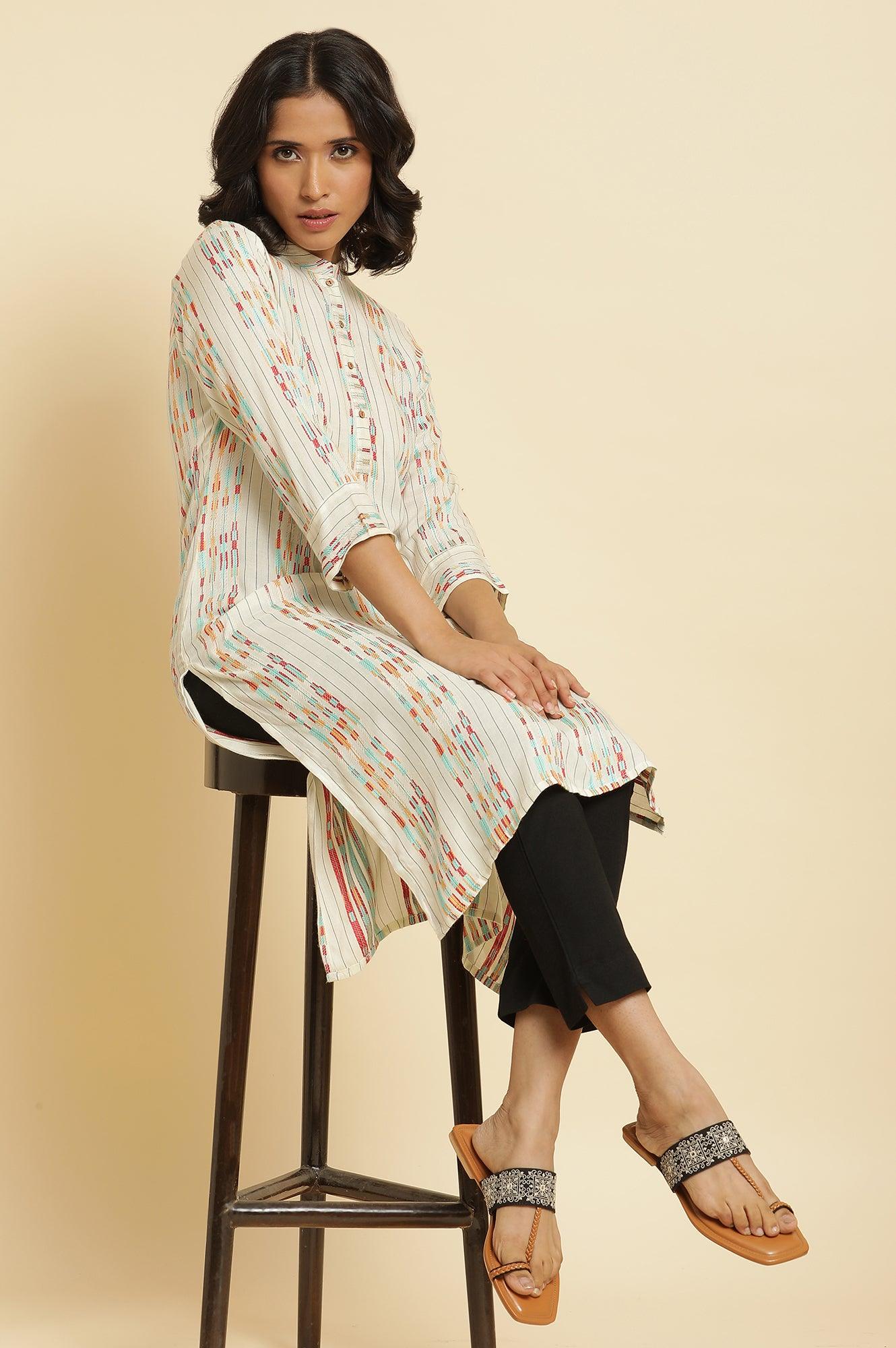 Ecru Dobby Printed Kurta &amp; Pants Set - wforwoman