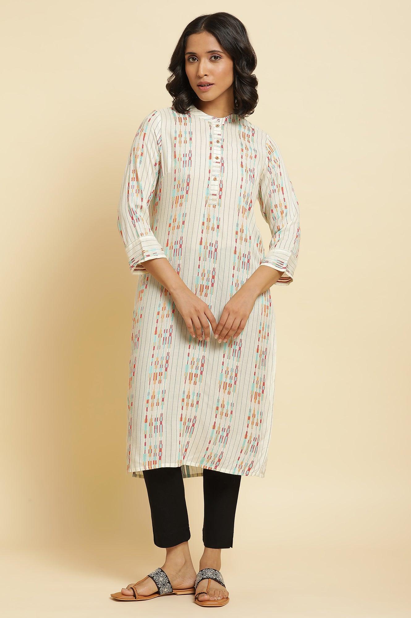 Ecru Dobby Printed Kurta &amp; Pants Set - wforwoman