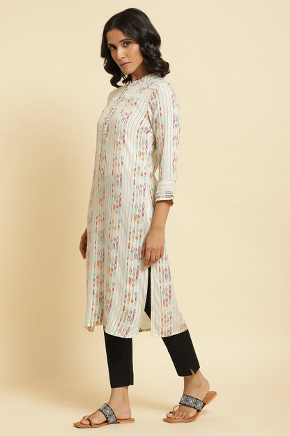 Ecru Dobby Printed Kurta &amp; Pants Set - wforwoman