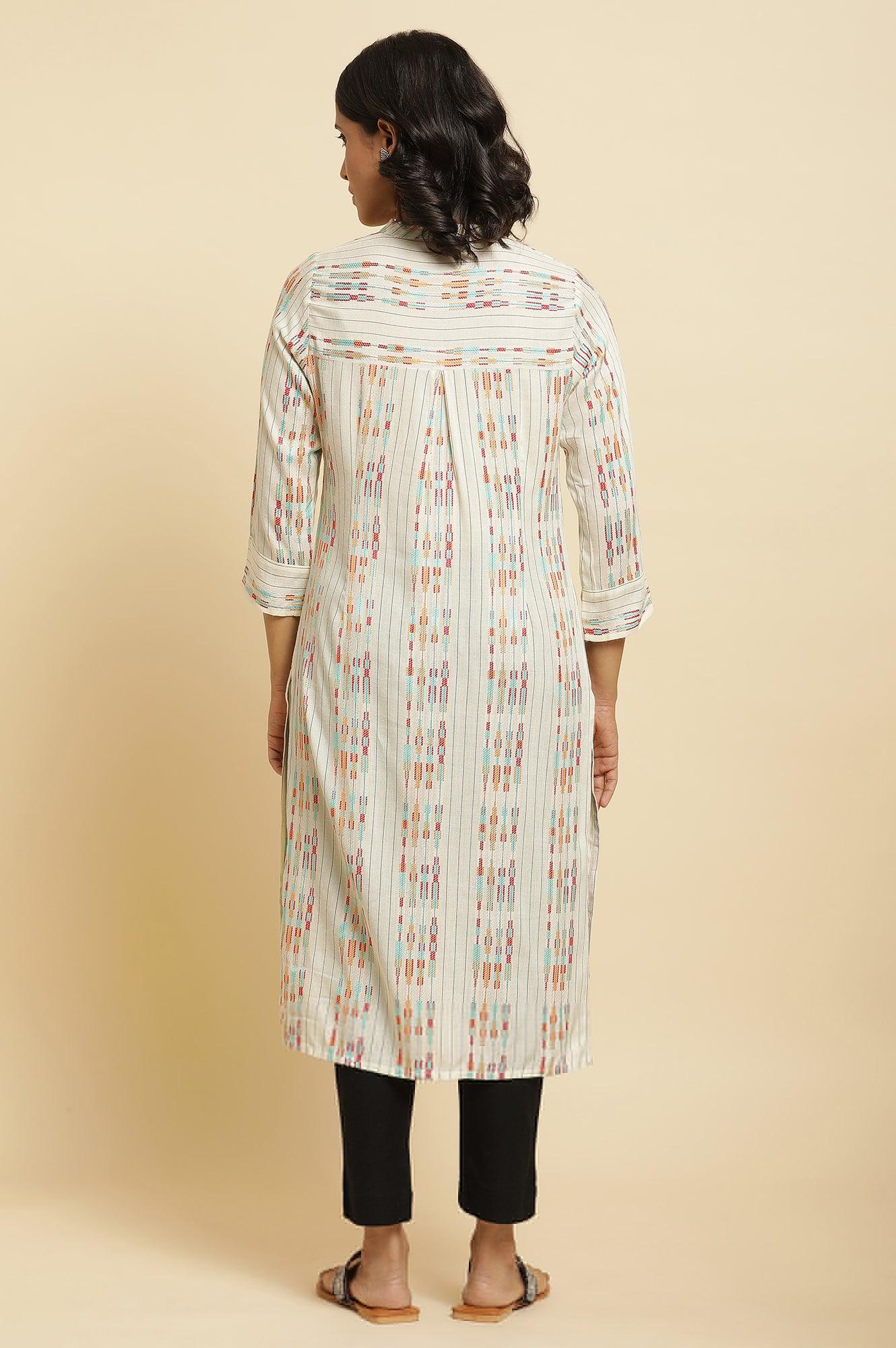 Ecru Dobby Printed Kurta &amp; Pants Set - wforwoman