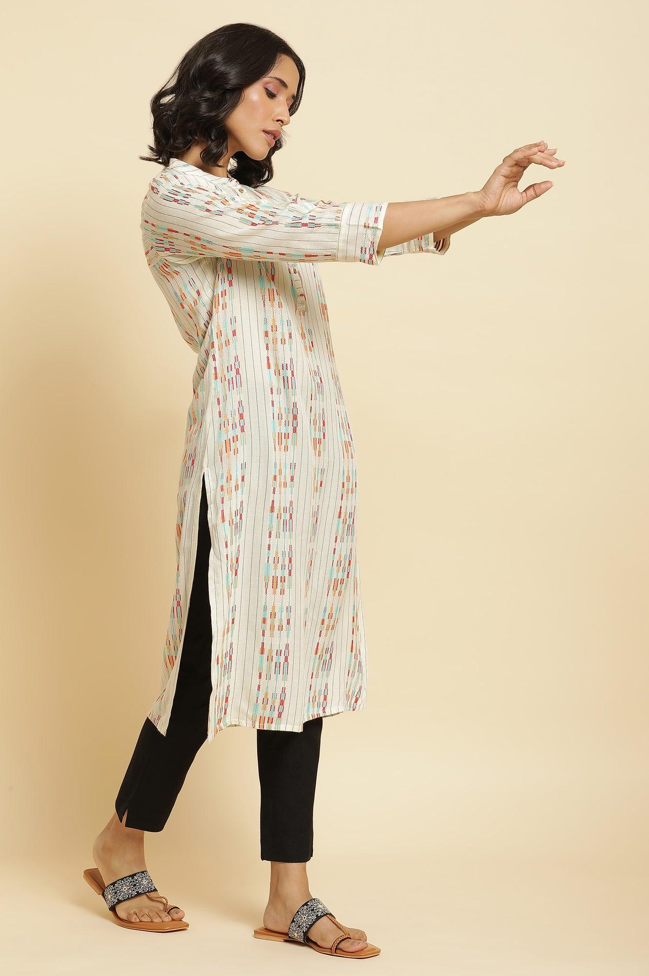 Ecru Dobby Printed Kurta &amp; Pants Set - wforwoman