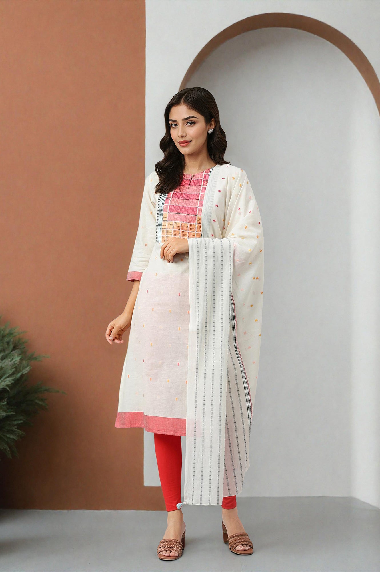 White Cotton Dobby Straight Kurta, Red Tights And Butta Dobby Dupatta Set