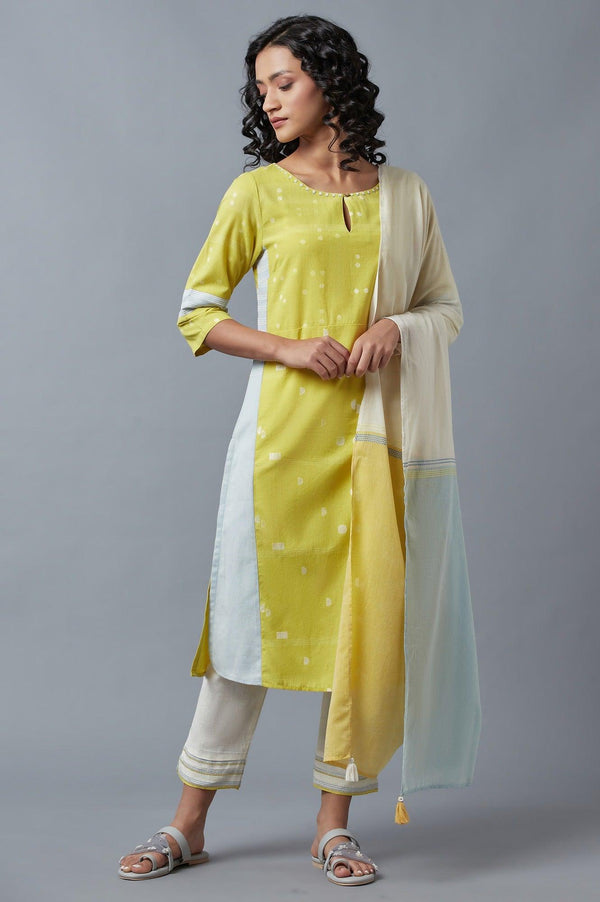 Light Yellow Cotton Dobby kurta, Slim Pants And Dupatta Set