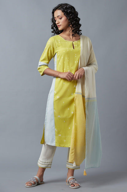 Light Yellow Embroidered Kurta, Pants And Dupatta Set - wforwoman