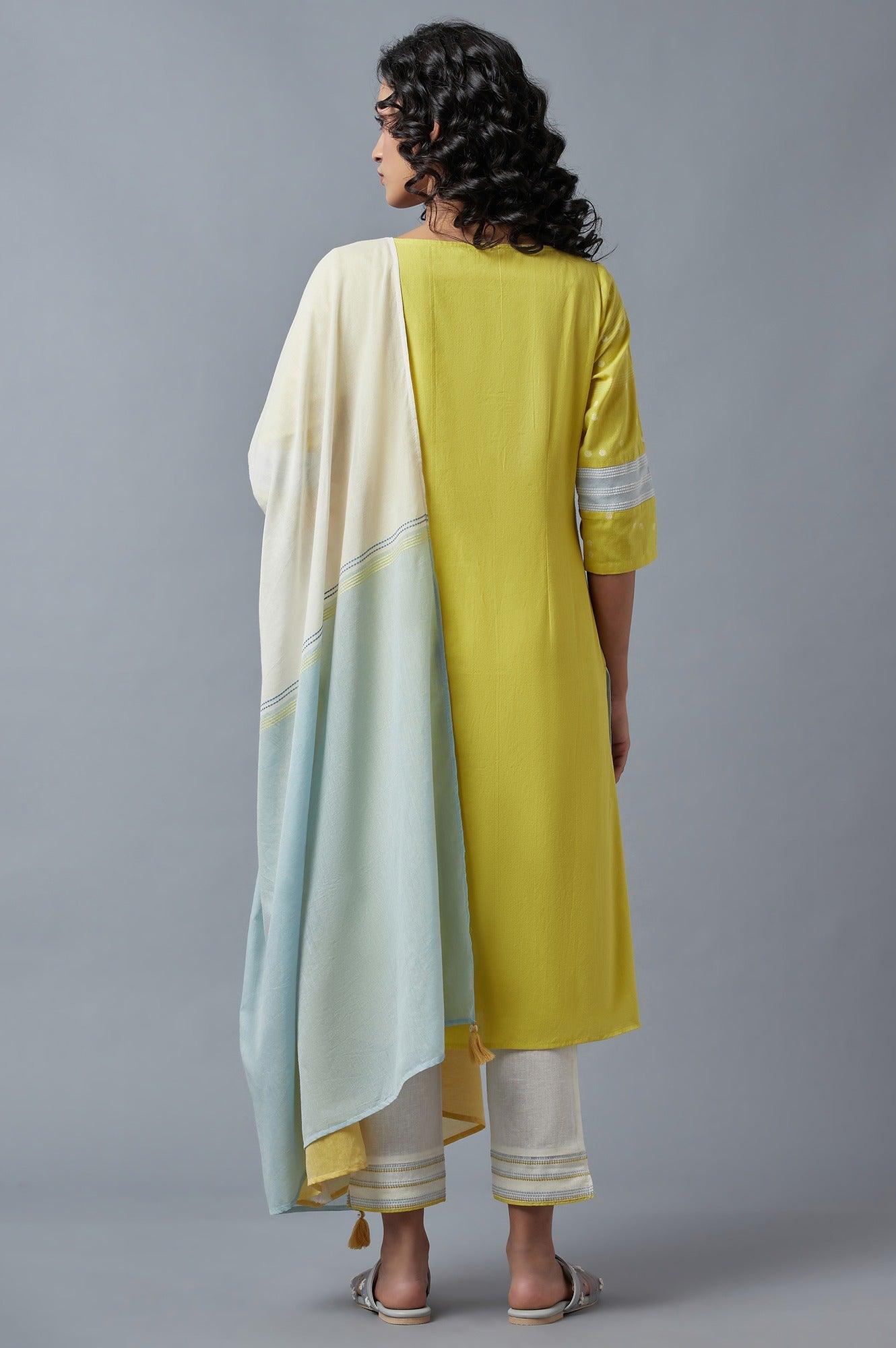 Light Yellow Embroidered Kurta, Pants And Dupatta Set - wforwoman