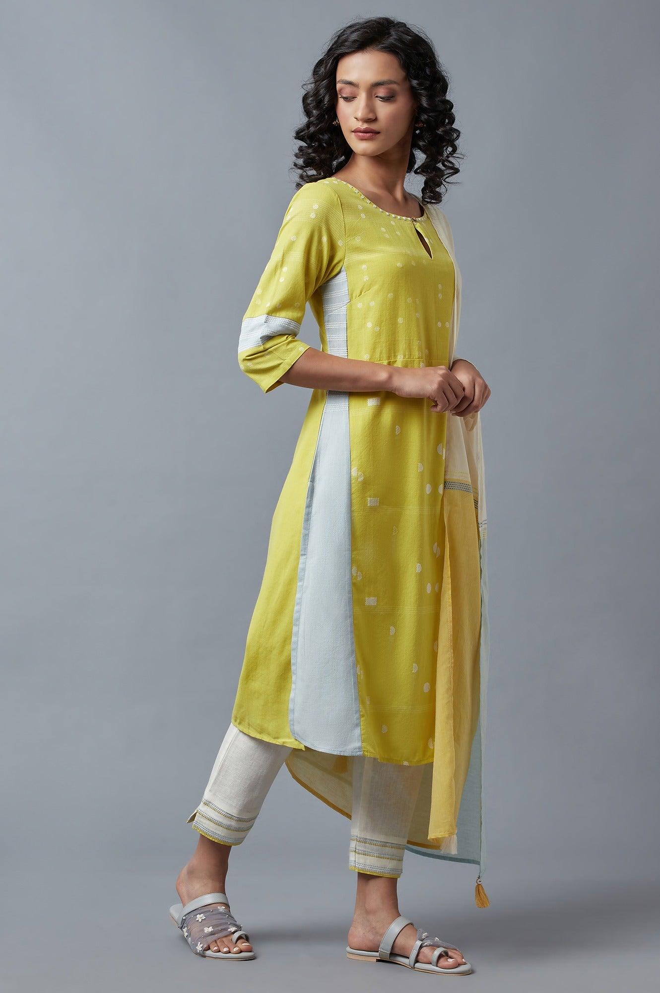 Light Yellow Embroidered Kurta, Pants And Dupatta Set - wforwoman