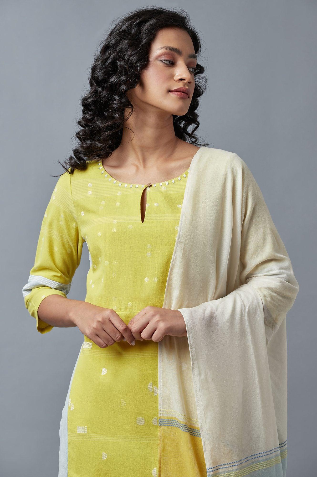 Light Yellow Embroidered Kurta, Pants And Dupatta Set - wforwoman