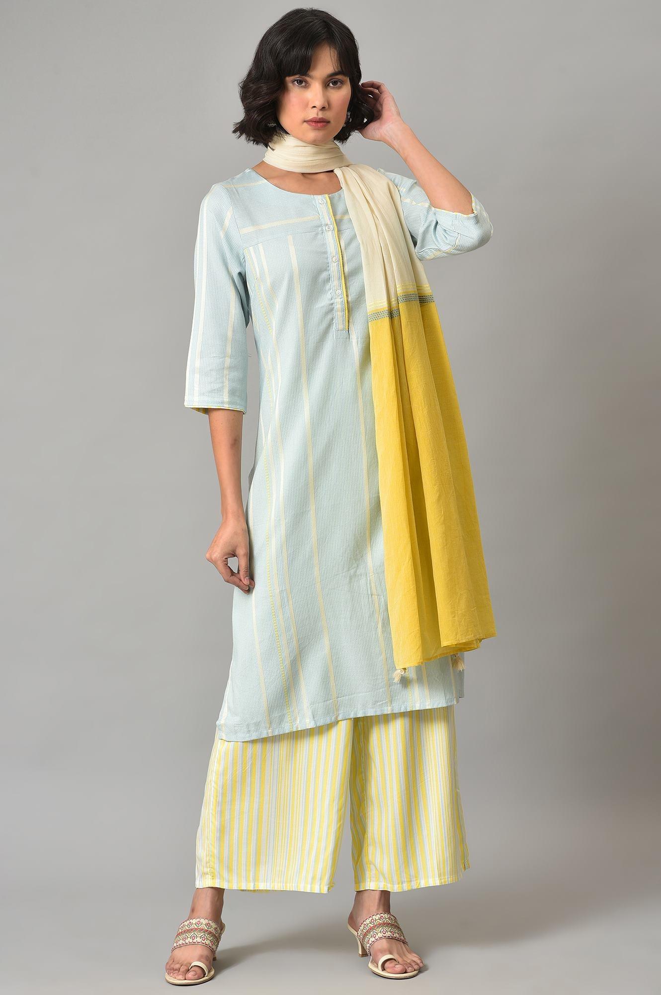 Light Blue Printed Kurta, Pants And Dupatta Set - wforwoman