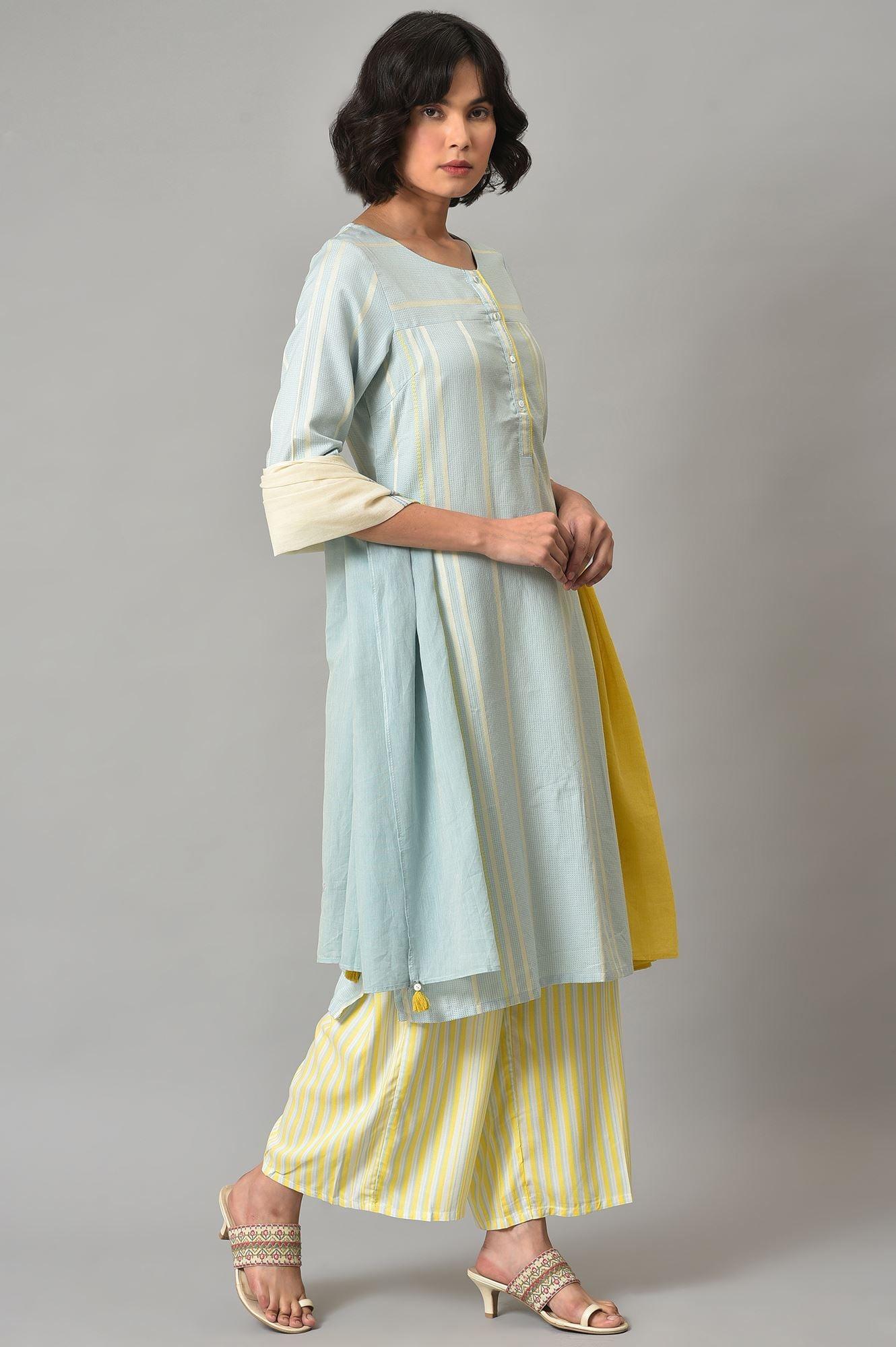 Light Blue Printed Kurta, Pants And Dupatta Set - wforwoman