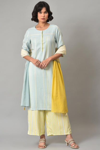 Light Blue Printed Kurta, Pants And Dupatta Set - wforwoman