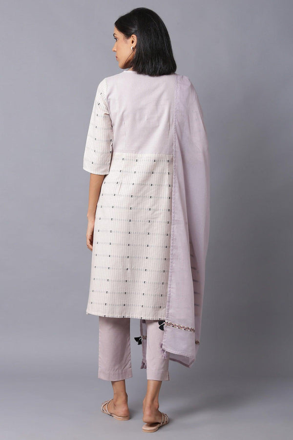 Beige A-Line Cotton kurta With Light Purple Slim Pants And Dupatta