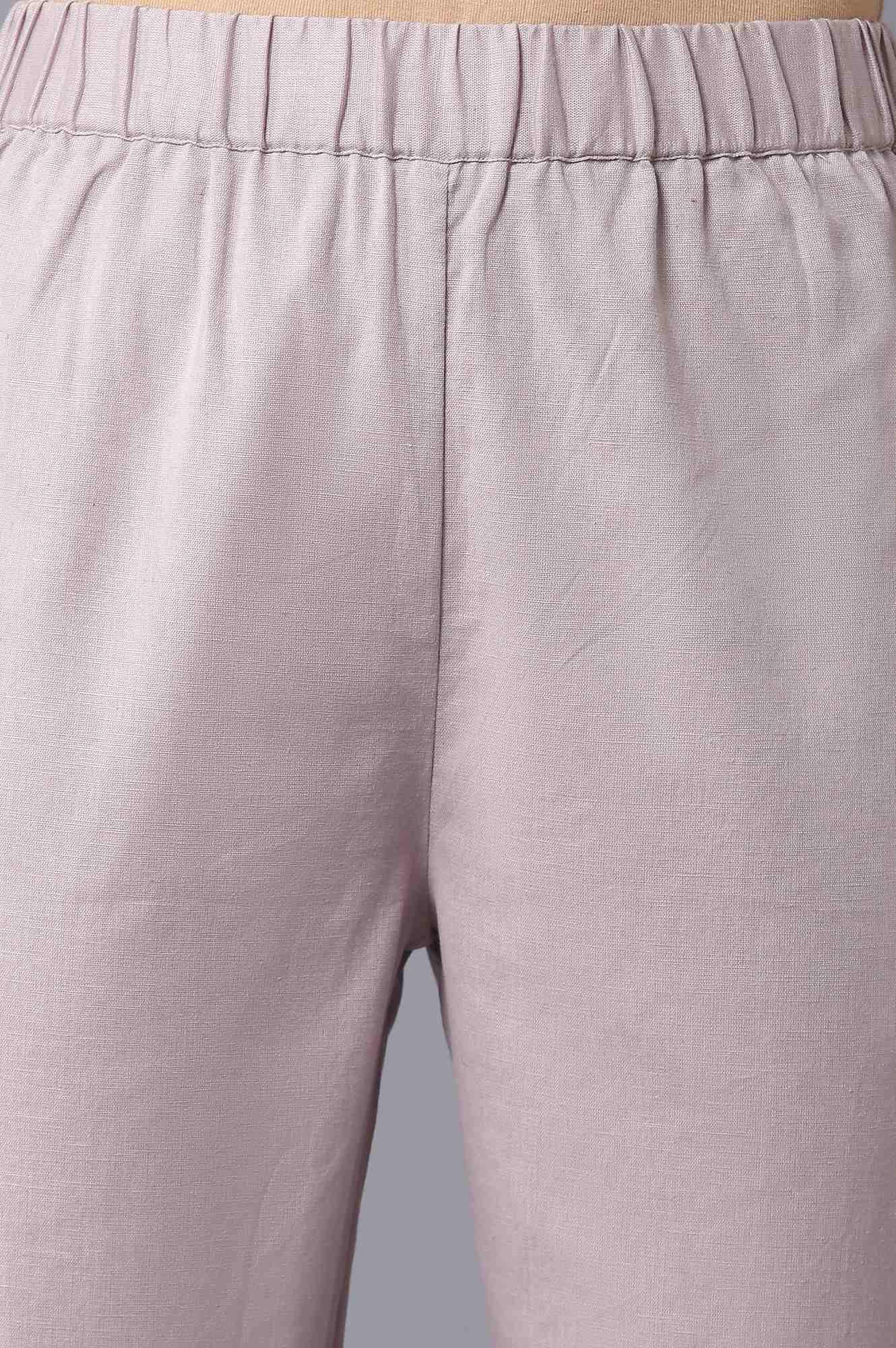 Beige A-Line Cotton kurta With Light Purple Slim Pants And Dupatta - wforwoman