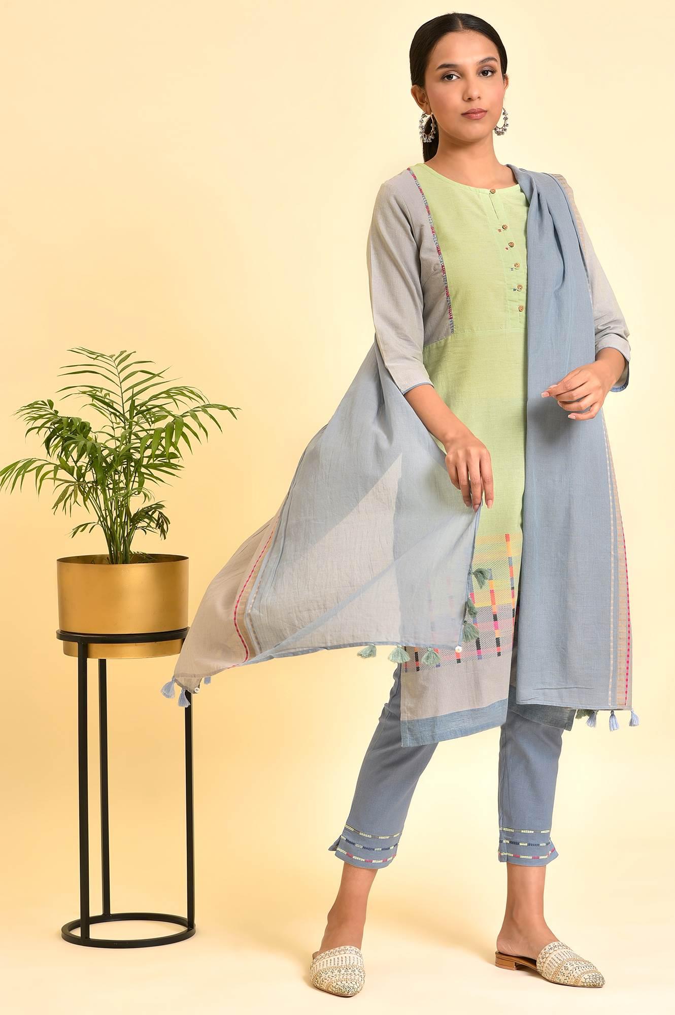 Light Green Yarn-Dyed Kurta, Pants And Dupatta Set - wforwoman