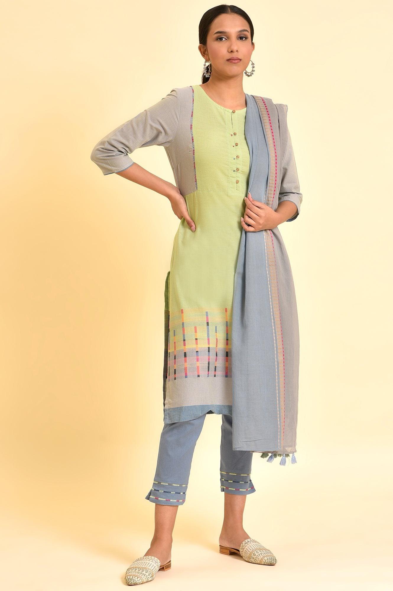 Light Green Yarn-Dyed Kurta, Pants And Dupatta Set - wforwoman