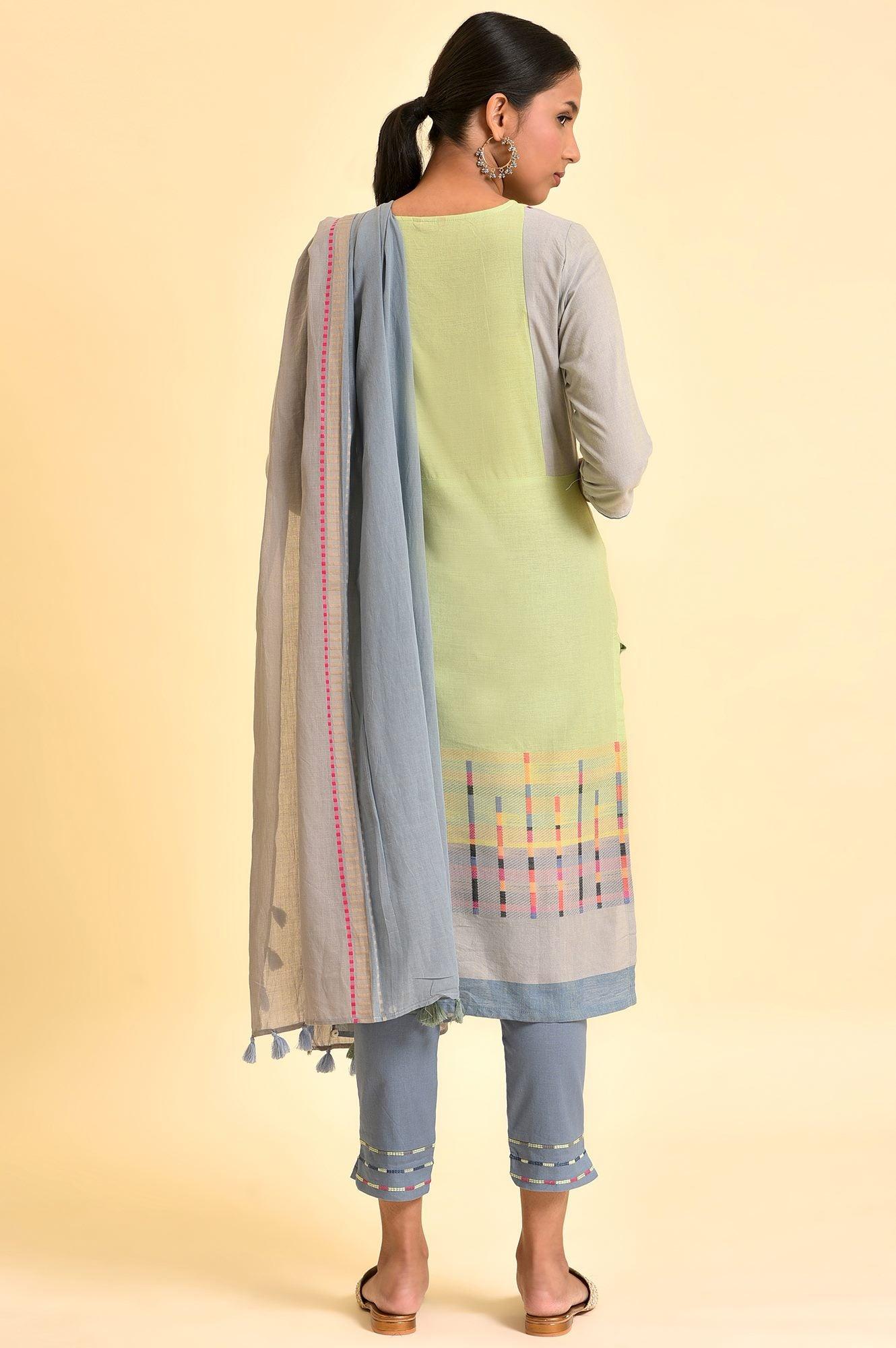 Light Green Yarn-Dyed Kurta, Pants And Dupatta Set - wforwoman