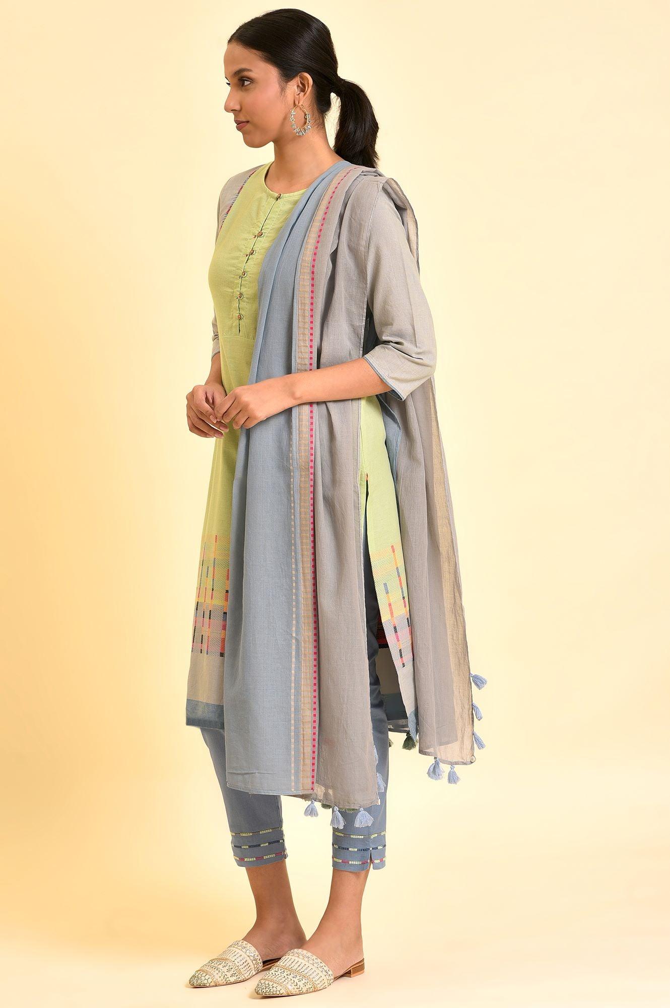 Light Green Yarn-Dyed Kurta, Pants And Dupatta Set - wforwoman