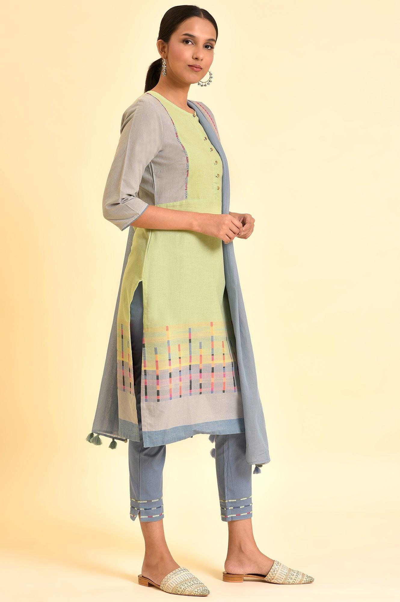 Light Green Yarn-Dyed Kurta, Pants And Dupatta Set - wforwoman