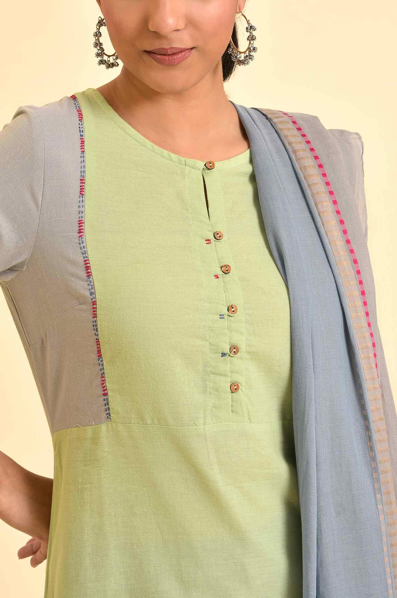 Light Green Yarn-Dyed Kurta, Pants And Dupatta Set - wforwoman