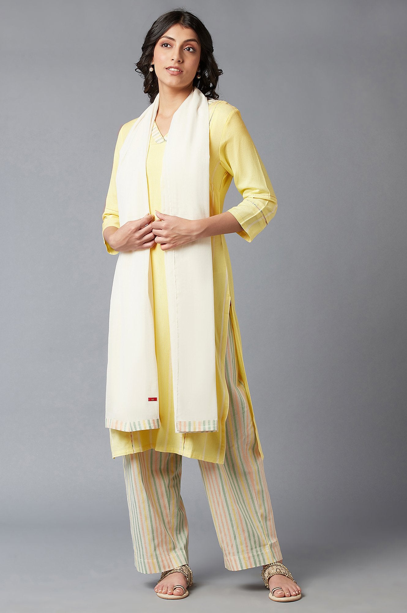 Light Yellow Dobby Straight kurta With Parallel Pants And Ecru Dupatta