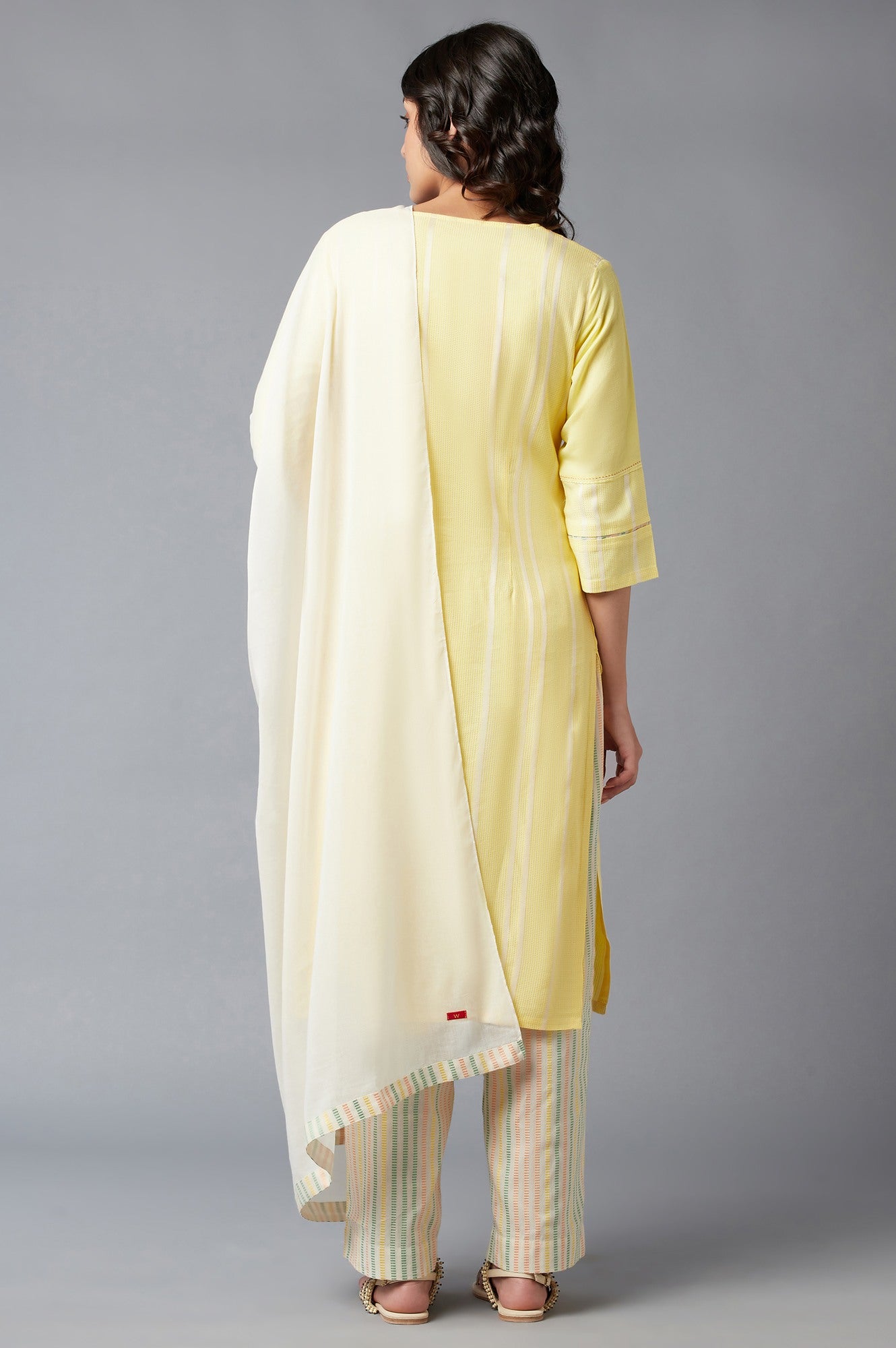 Light Yellow Dobby Straight kurta With Parallel Pants And Ecru Dupatta