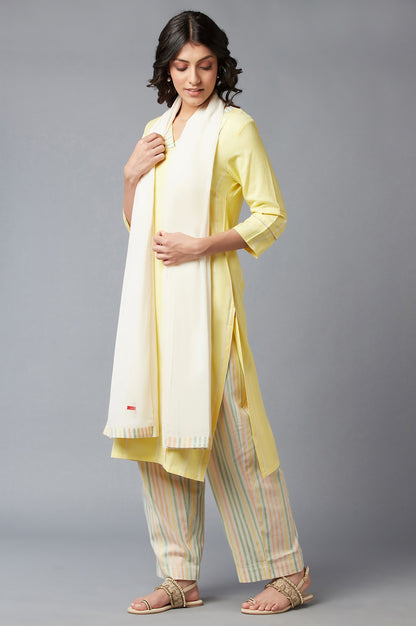 Light Yellow Dobby Straight kurta With Parallel Pants And Ecru Dupatta