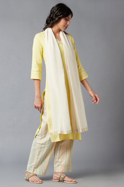 Light Yellow Dobby Straight kurta With Parallel Pants And Ecru Dupatta