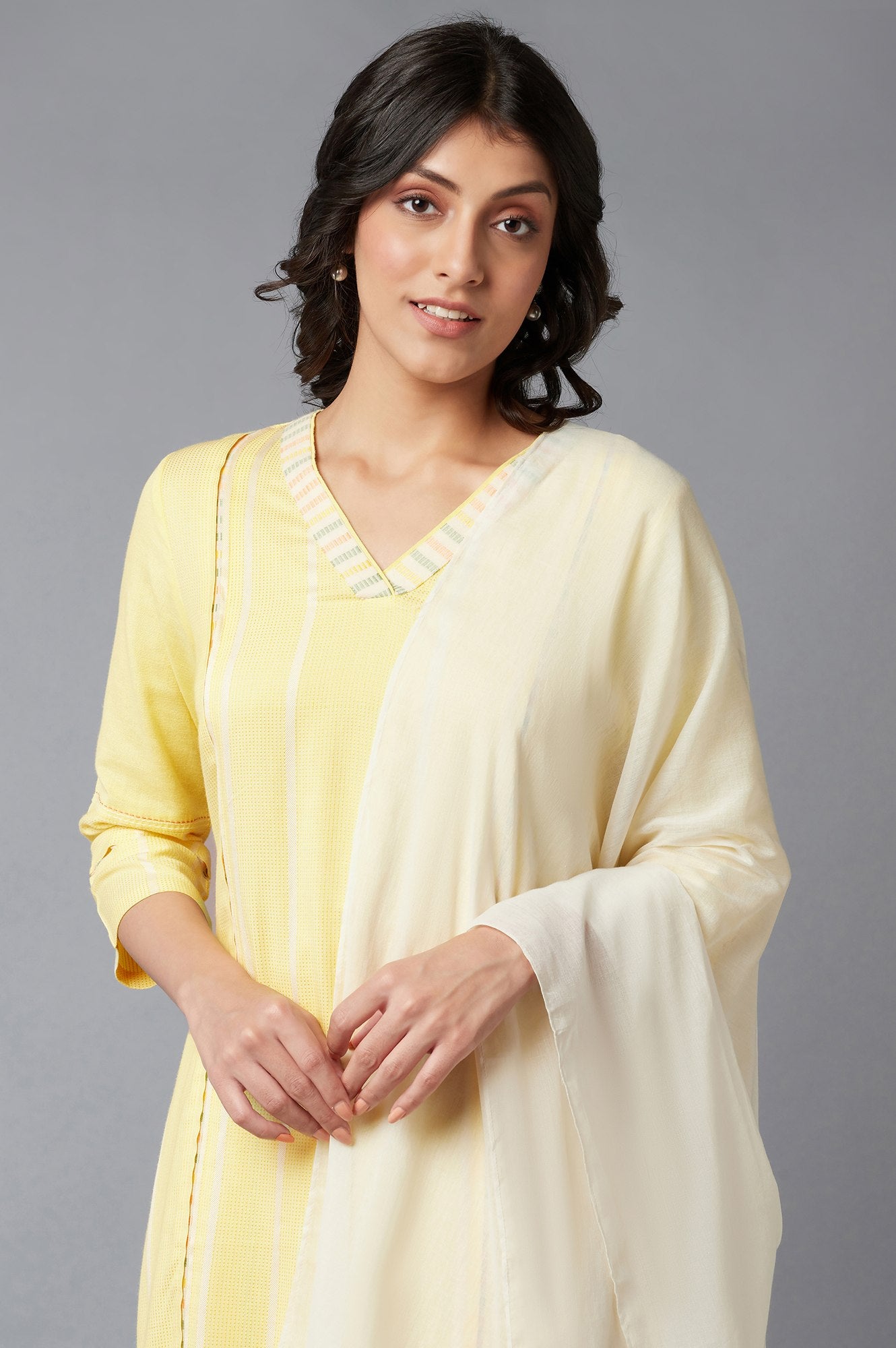 Light Yellow Dobby Straight kurta With Parallel Pants And Ecru Dupatta