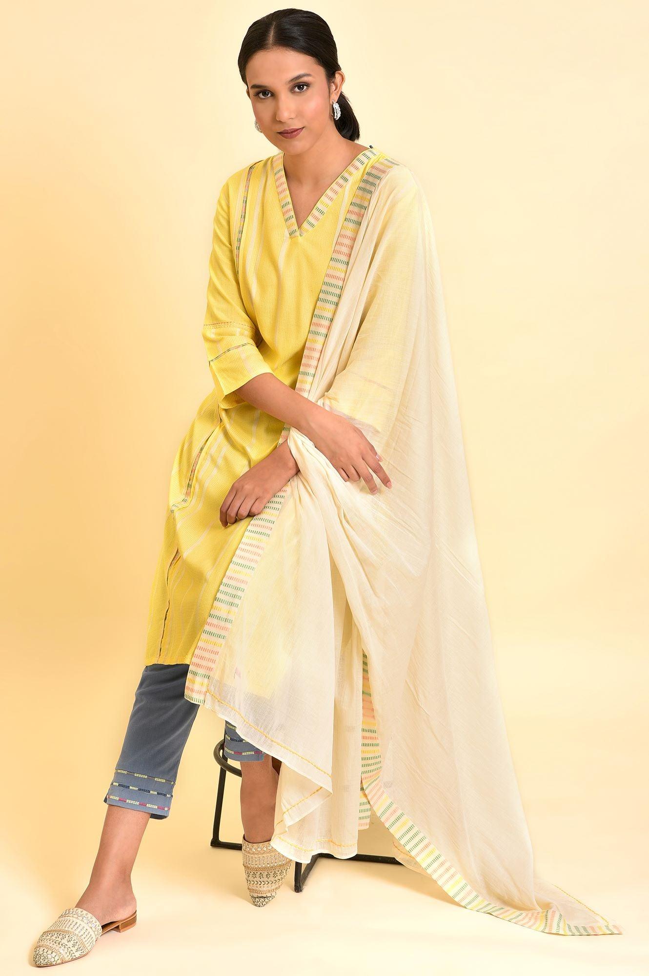 Yellow Casual Kurta, Pants And Dupatta Set - wforwoman