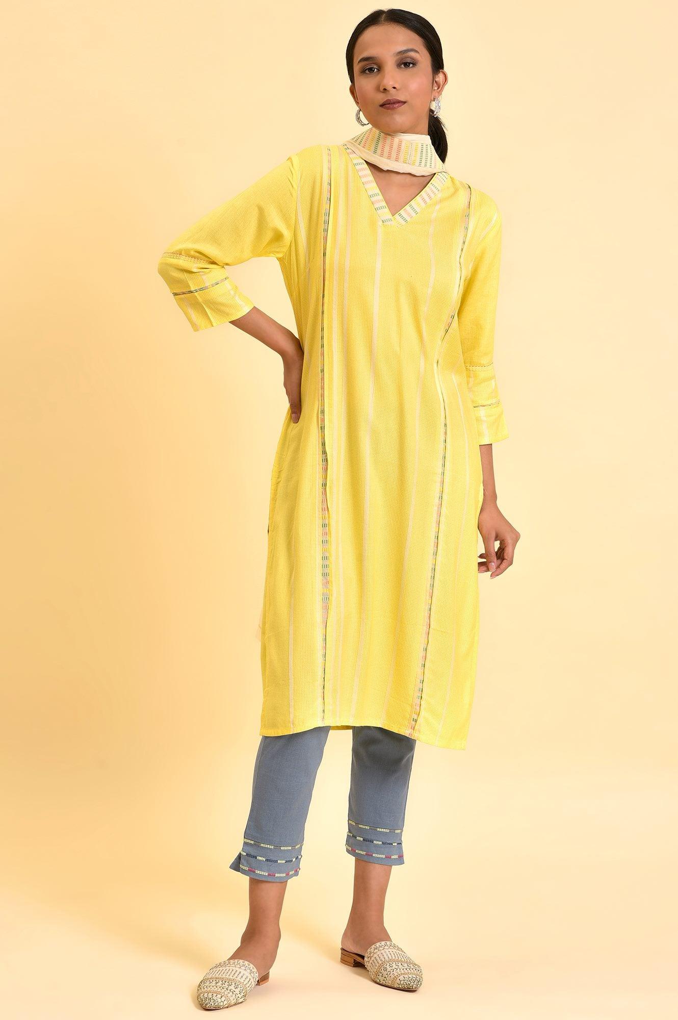 Yellow Casual Kurta, Pants And Dupatta Set - wforwoman