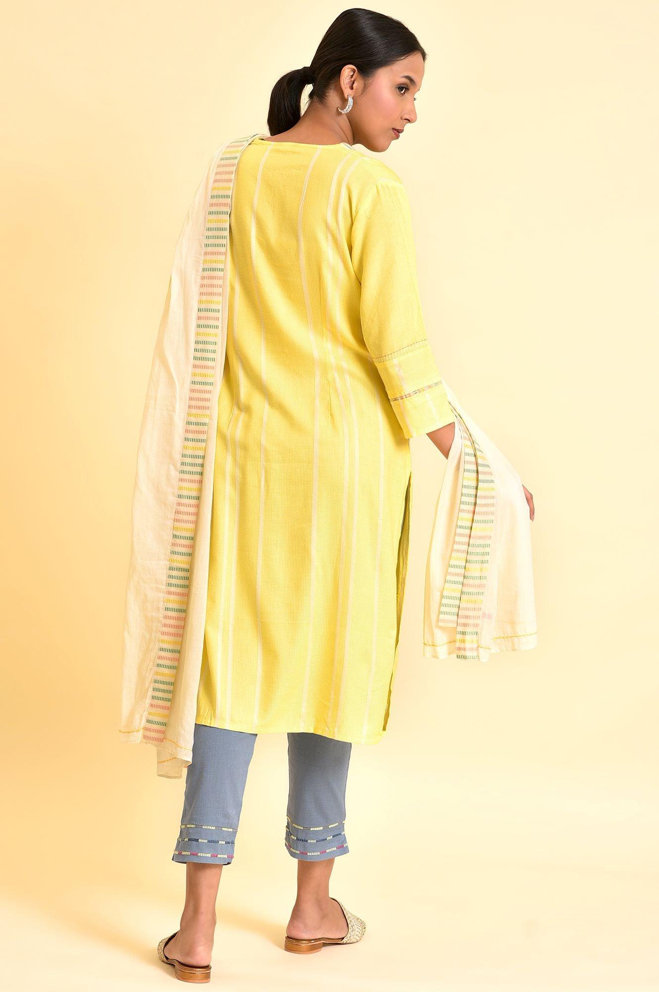 Yellow Casual Kurta, Pants And Dupatta Set - wforwoman