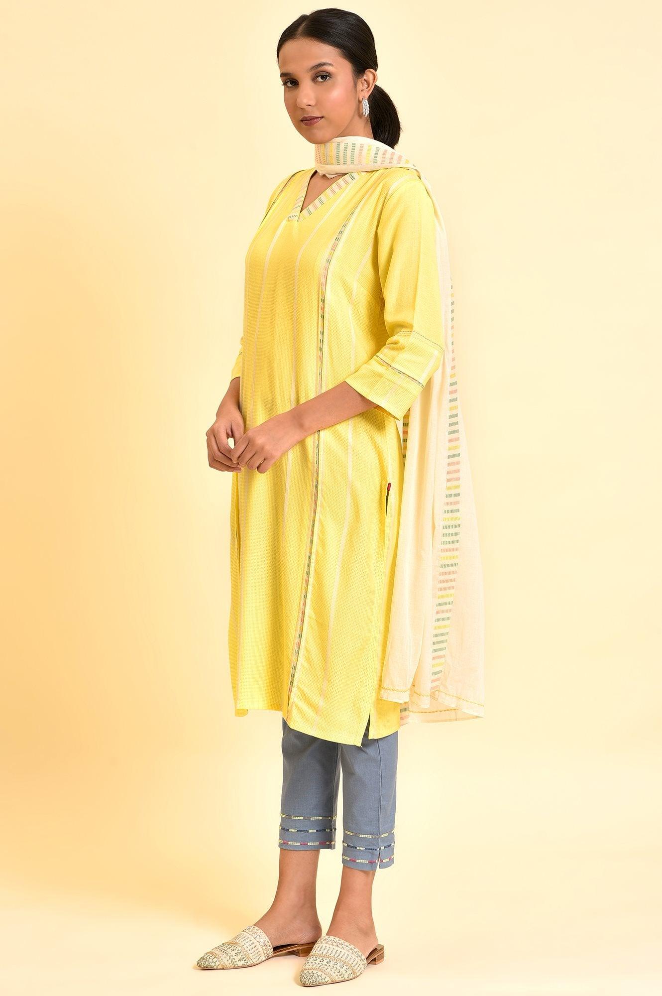 Yellow Casual Kurta, Pants And Dupatta Set - wforwoman