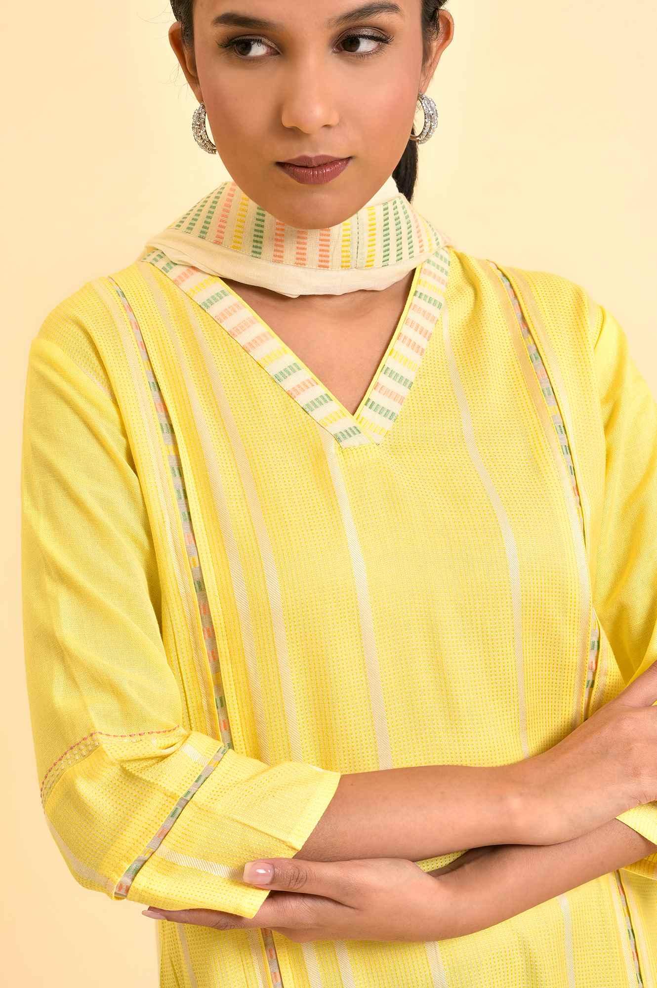 Yellow Casual Kurta, Pants And Dupatta Set - wforwoman