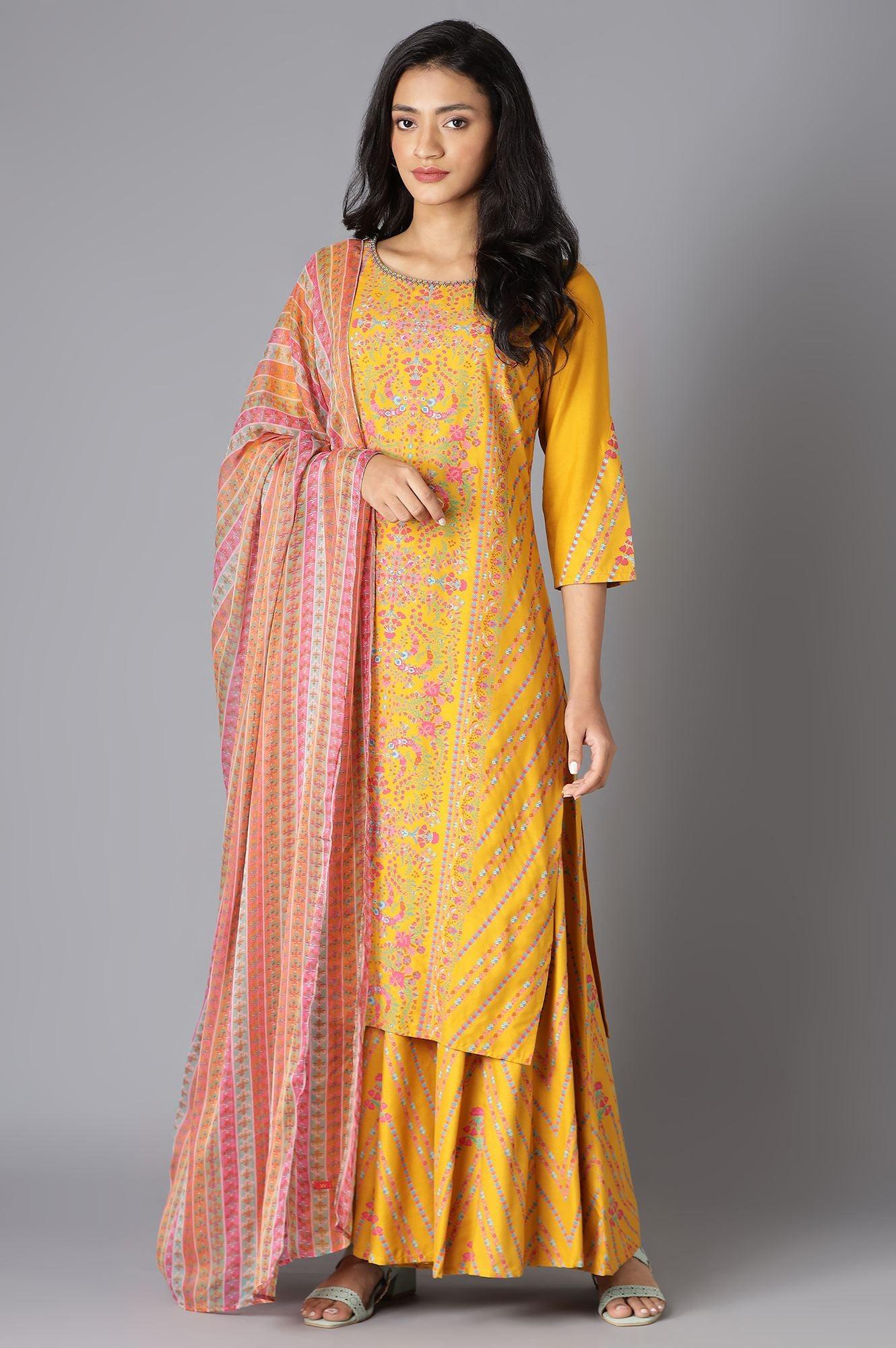 Yellow Floral kurta In Boat Neck With Culottes And Dupatta - wforwoman