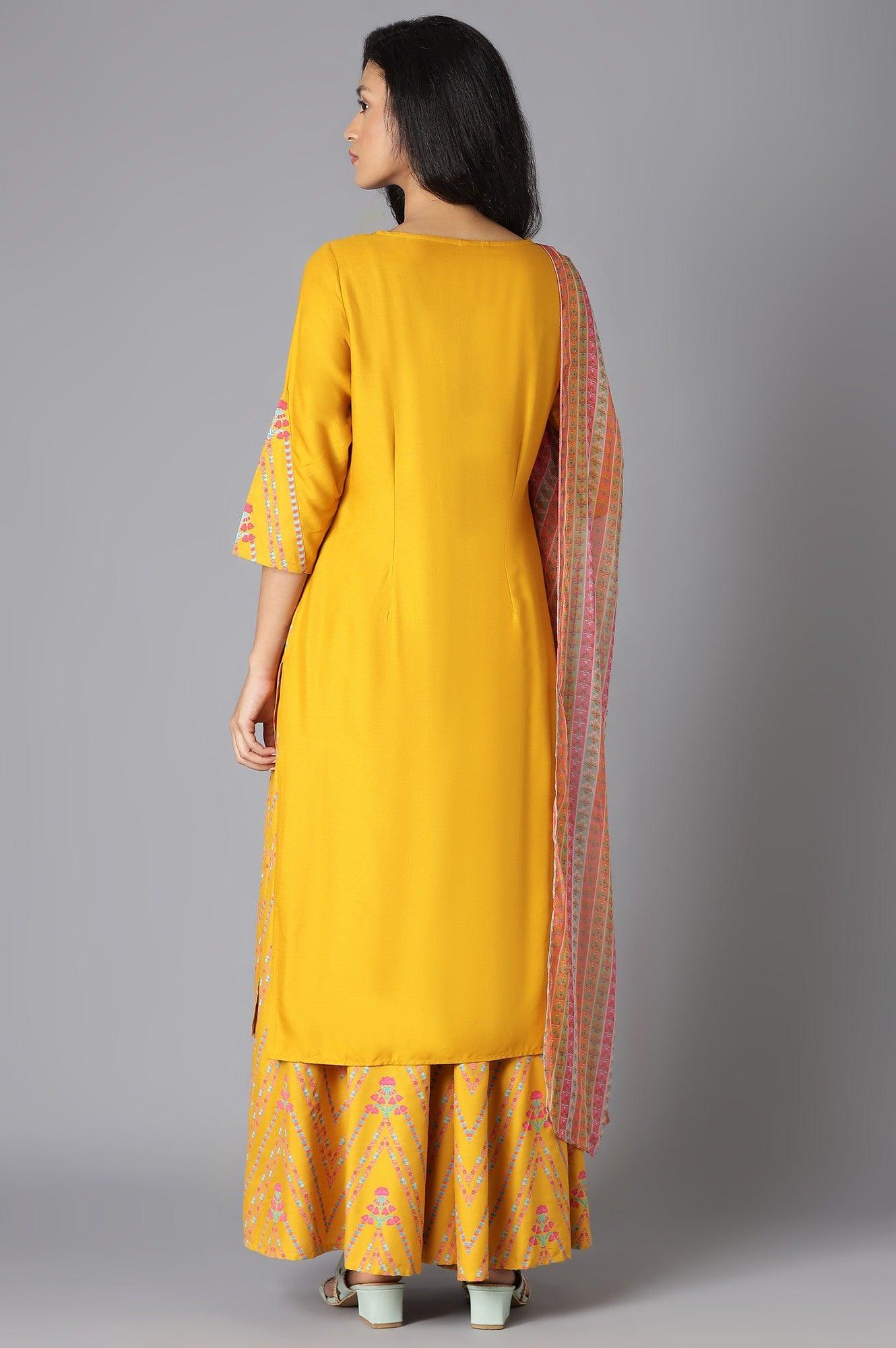 Yellow Floral kurta In Boat Neck With Culottes And Dupatta - wforwoman