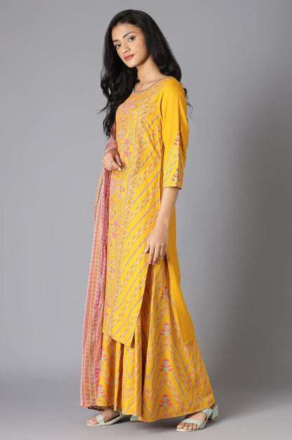 Yellow Floral kurta In Boat Neck With Culottes And Dupatta - wforwoman