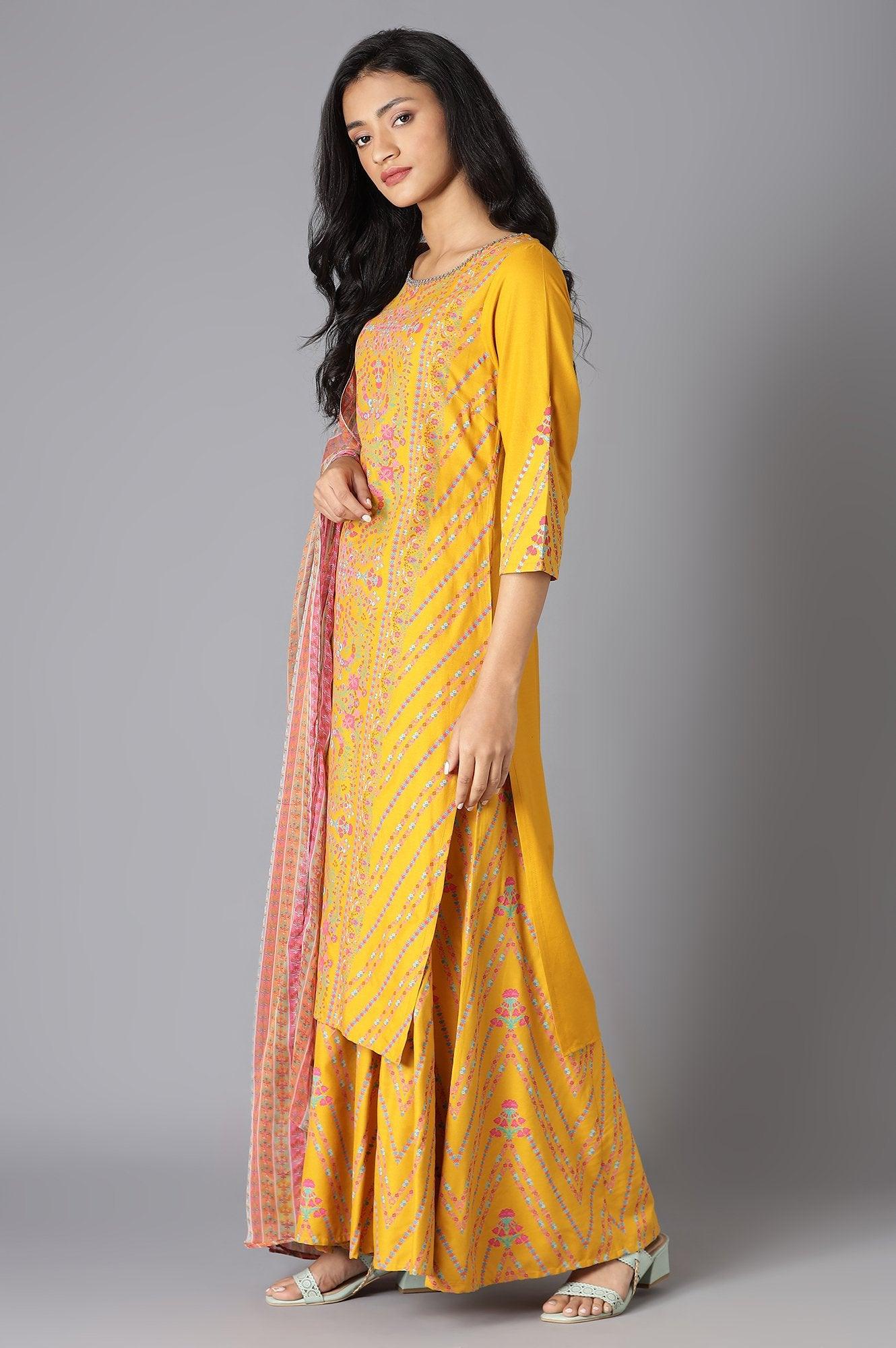 Yellow Floral Printed Kurta, Culottes And Dupatta Set - wforwoman