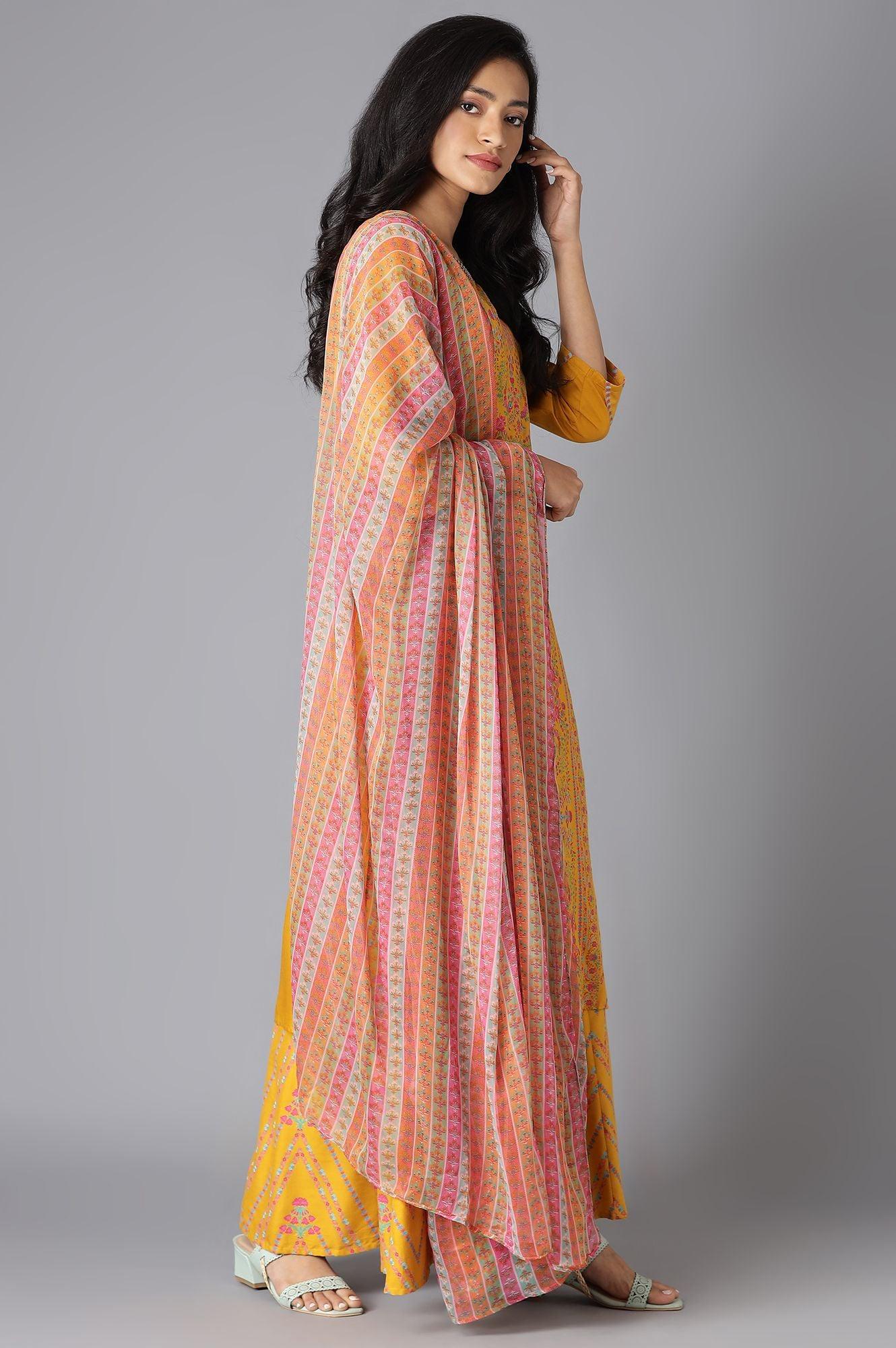 Yellow Floral kurta In Boat Neck With Culottes And Dupatta - wforwoman