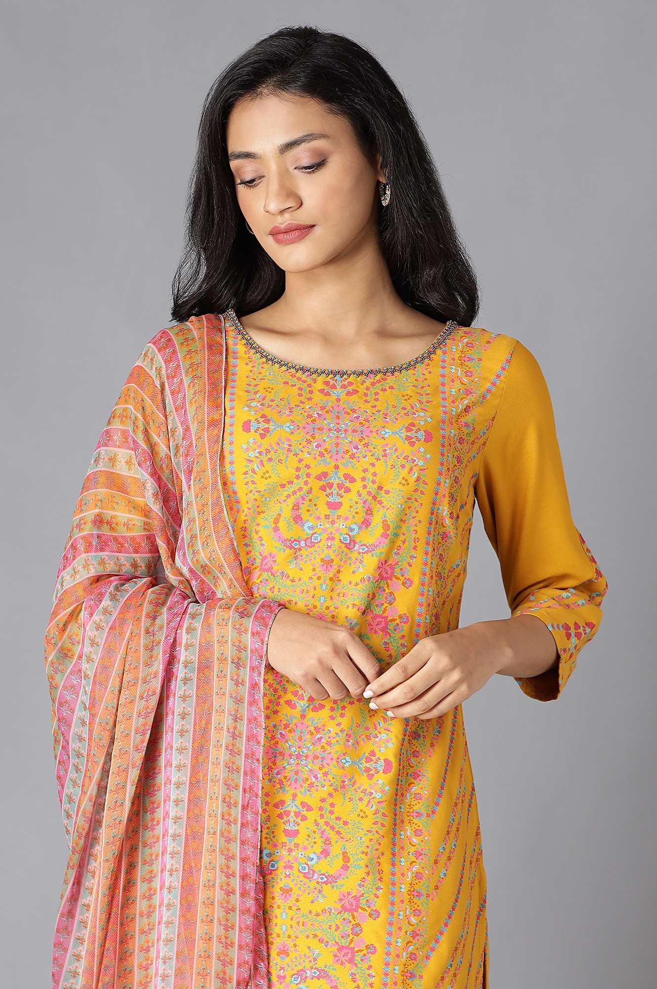 Yellow Floral kurta In Boat Neck With Culottes And Dupatta - wforwoman