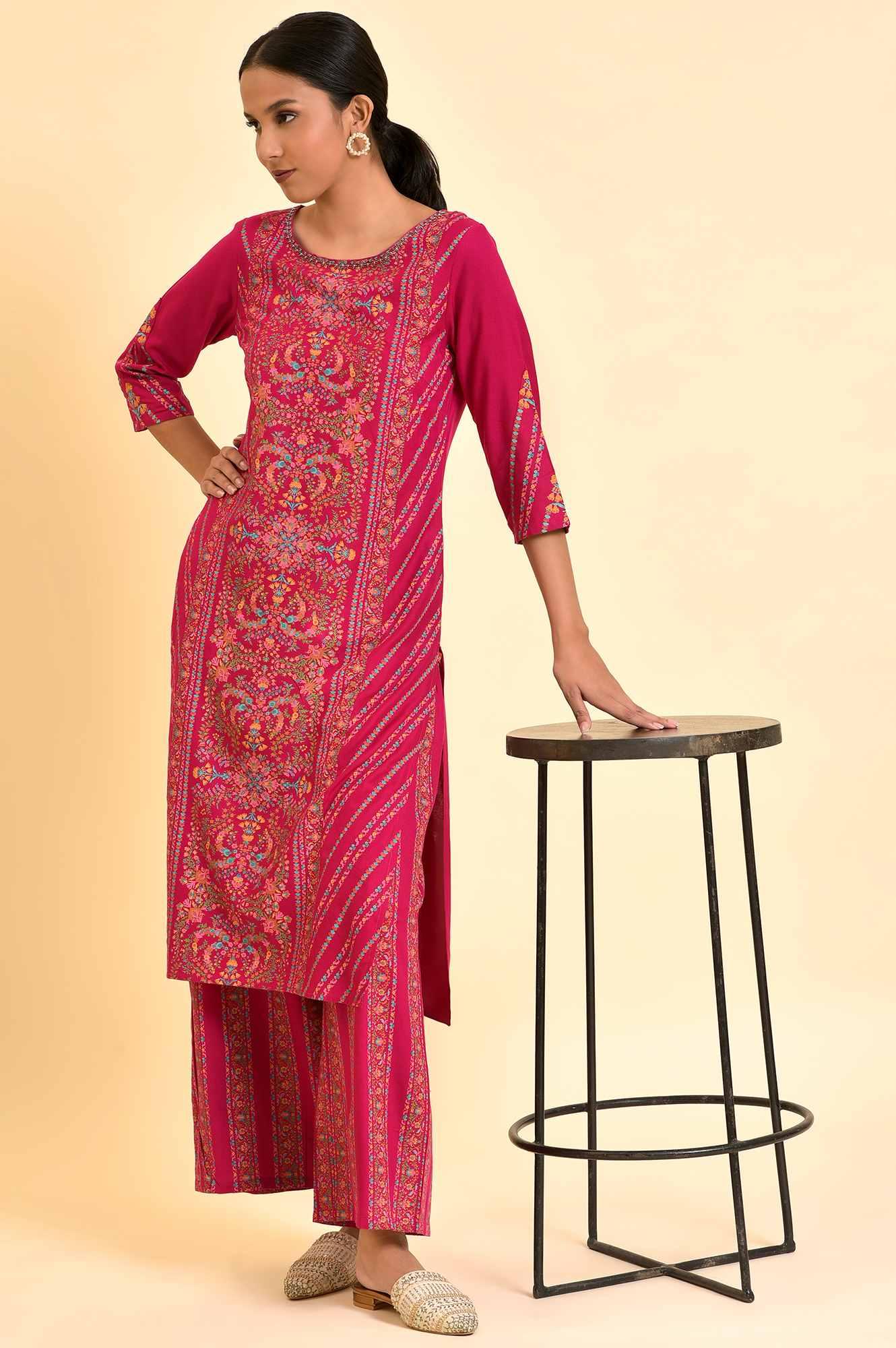 Dark Pink Floral Printed Embellished Kurta And Pants Set - wforwoman