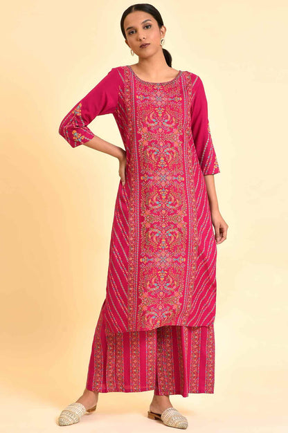 Dark Pink Floral Printed Embellished Kurta And Pants Set - wforwoman