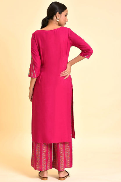 Dark Pink Floral Printed Embellished Kurta And Pants Set - wforwoman