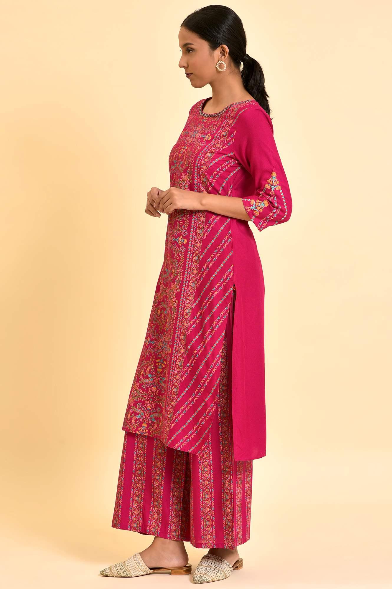 Dark Pink Floral Printed Embellished Kurta And Pants Set - wforwoman