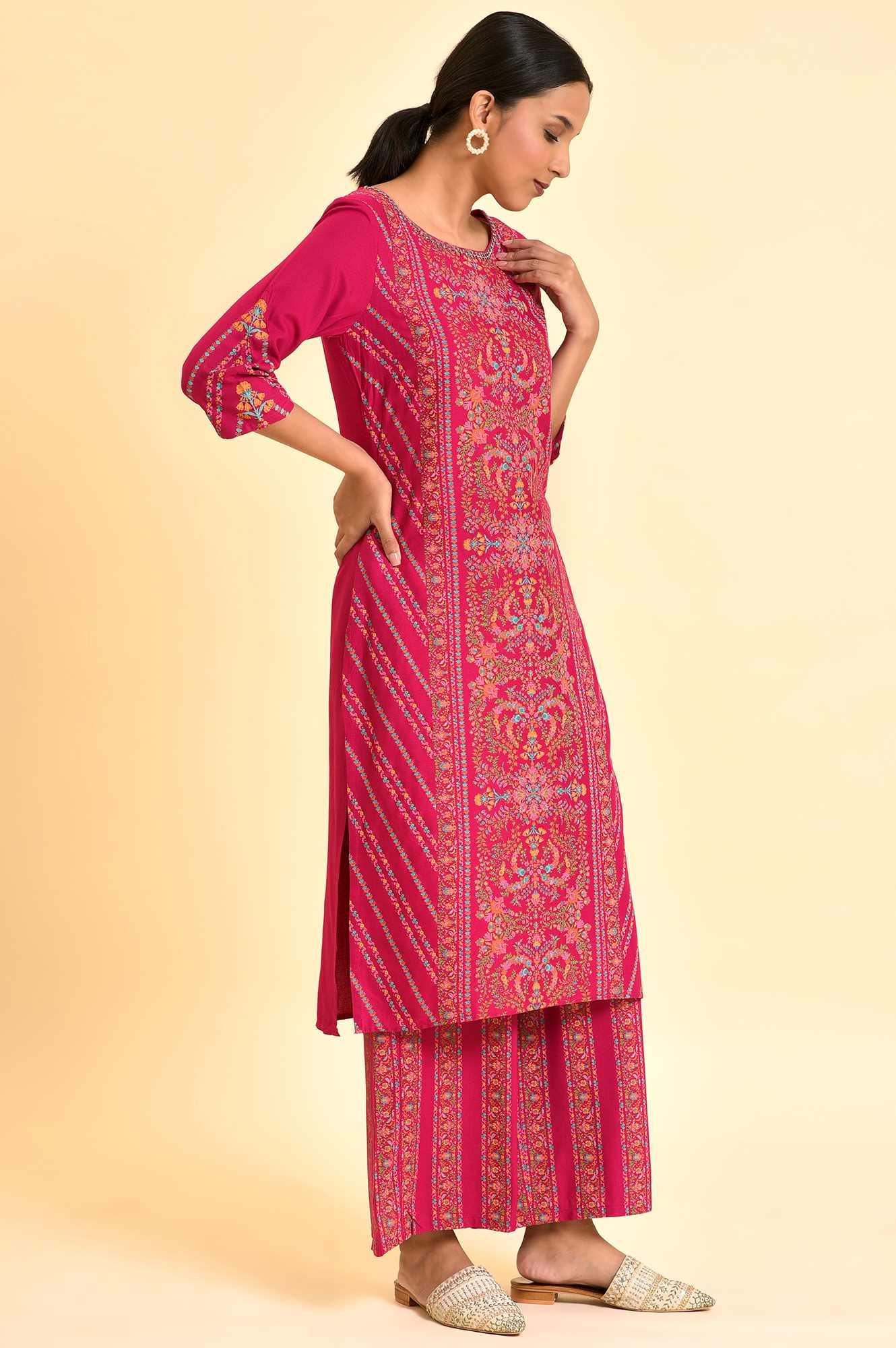 Dark Pink Floral Printed Embellished Kurta And Pants Set - wforwoman