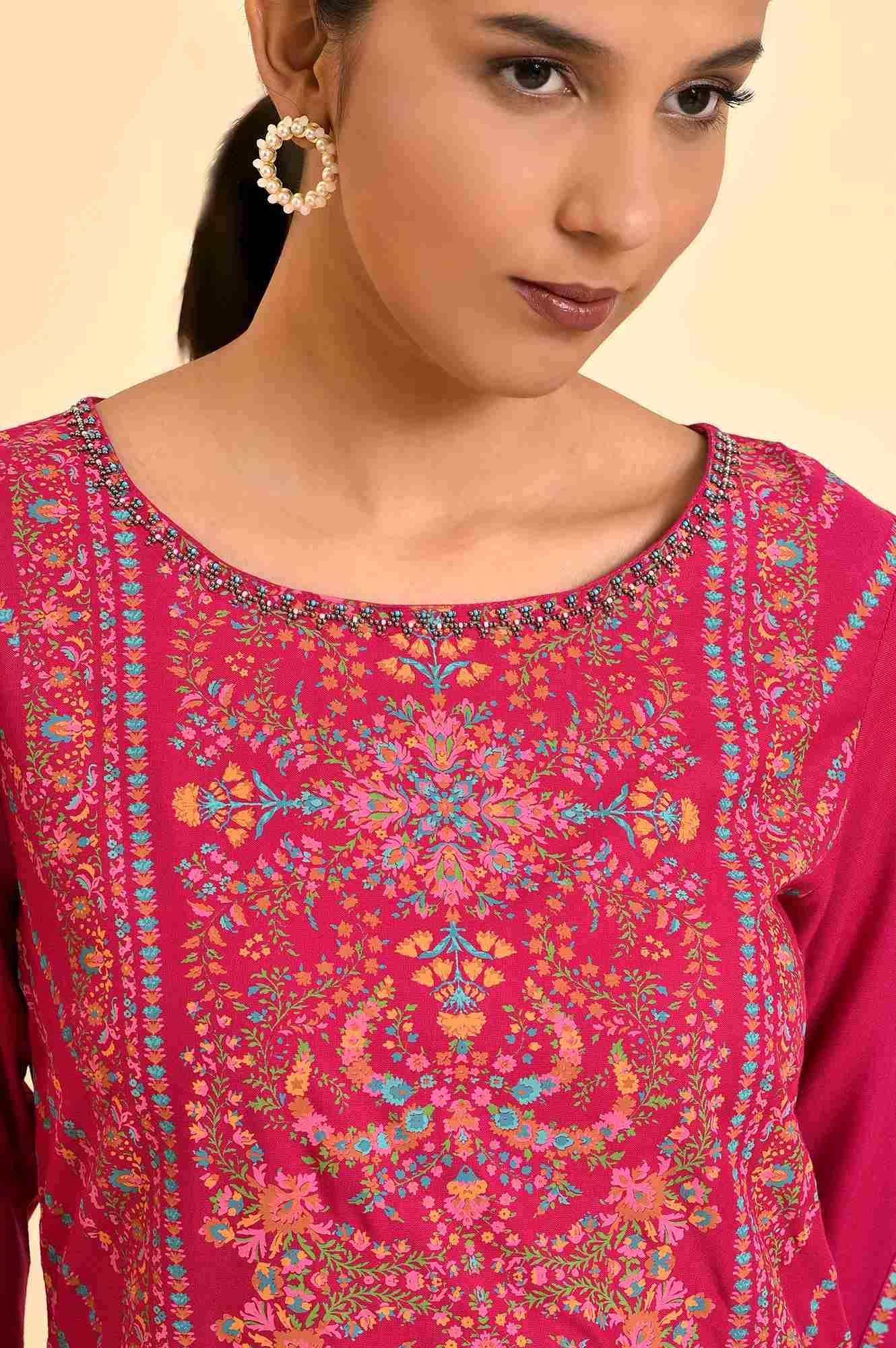 Dark Pink Floral Printed Embellished Kurta And Pants Set - wforwoman