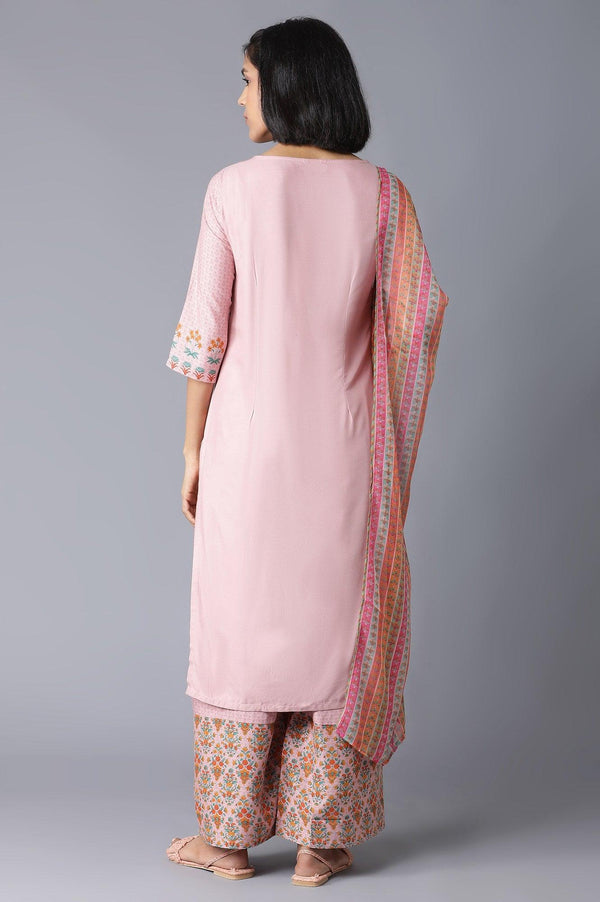 Light Pink Floral kurta in Round Neck with Parallel Pants and Dupatta