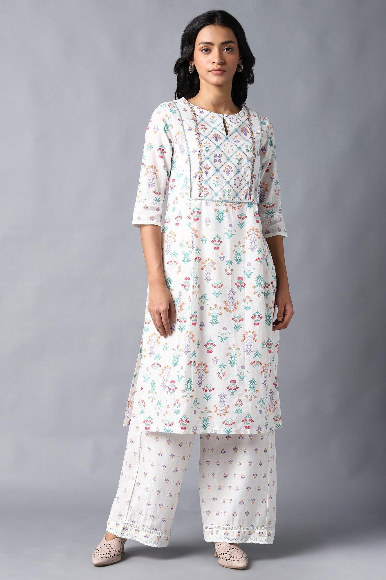 Ecru Floral Printed kurta &amp; Parallel Pants Set - wforwoman