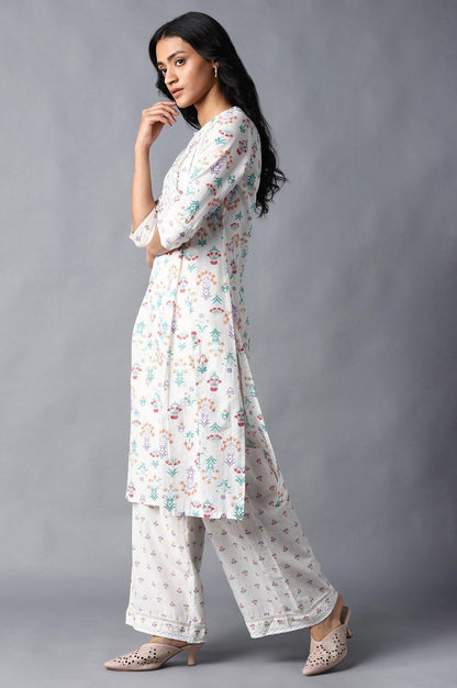 Ecru Floral Printed kurta &amp; Parallel Pants Set - wforwoman