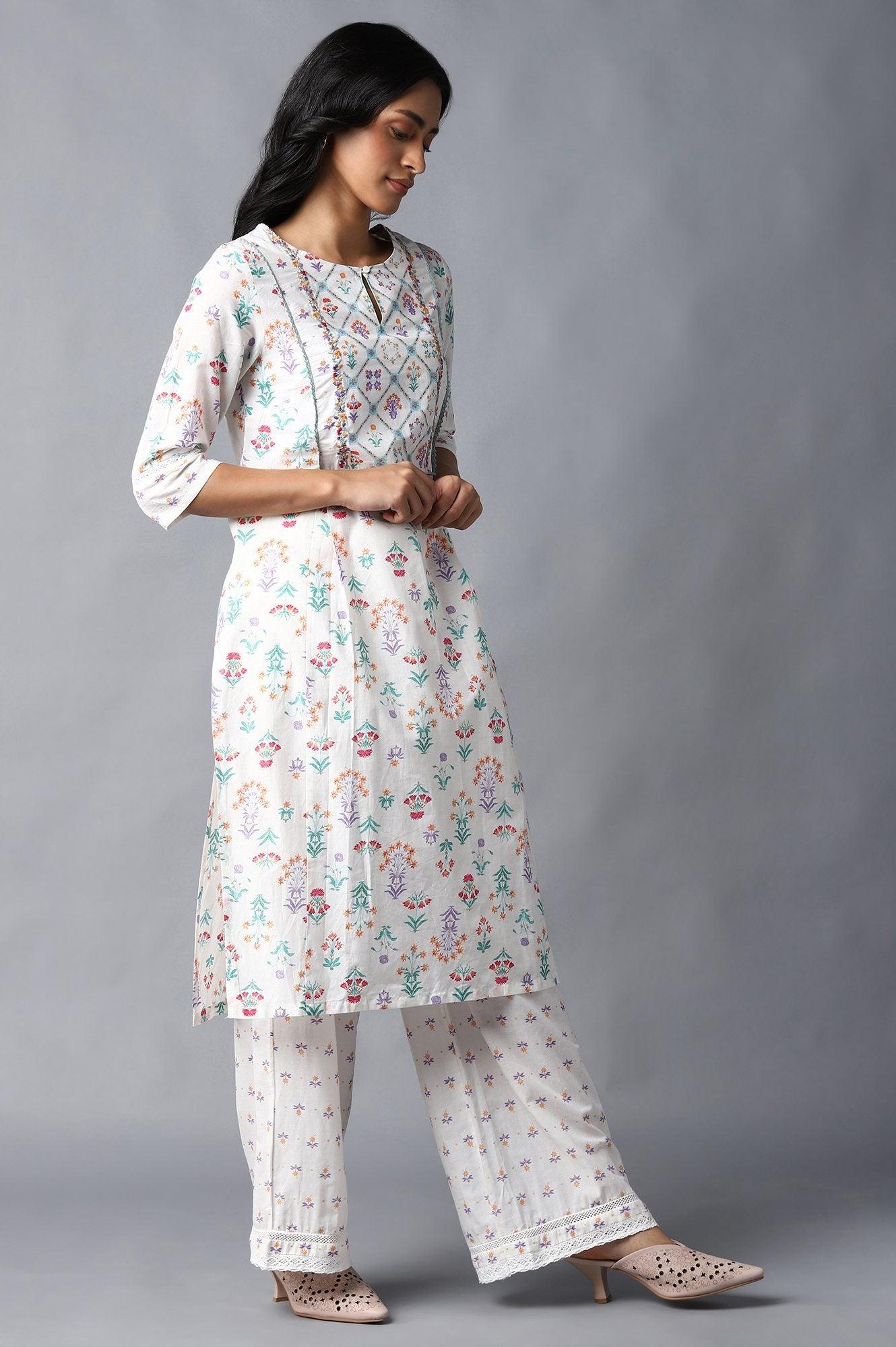 Ecru Floral Printed kurta &amp; Parallel Pants Set - wforwoman